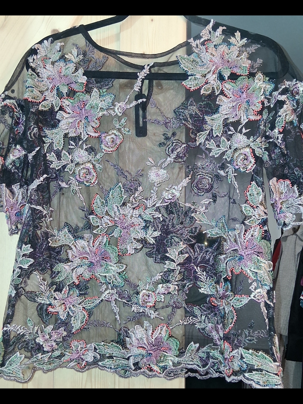 Sundance Sheer Black Blouse with Pastel Floral Embroidery